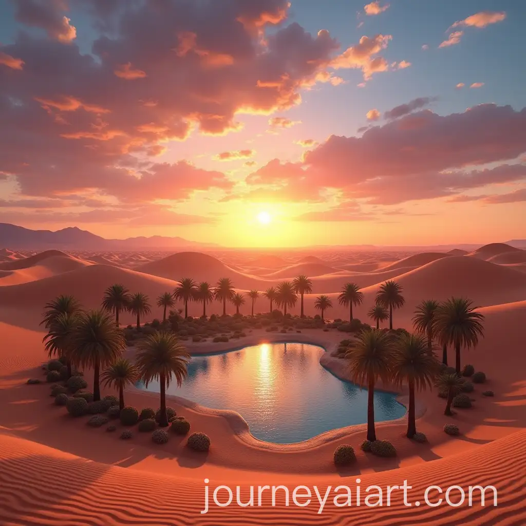 Tranquil-Desert-Oasis-Landscape-with-Date-Palms-and-Vibrant-Sunset-Sky