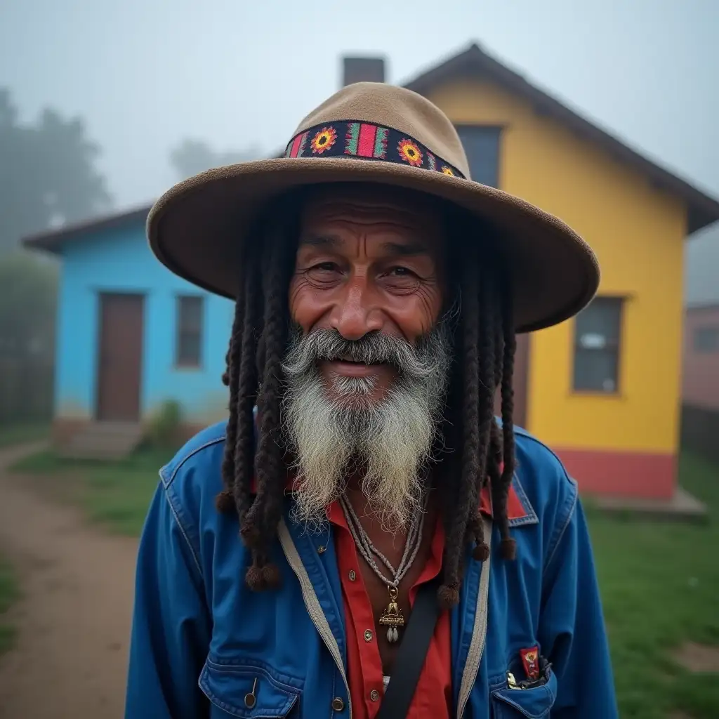 Elderly-Hippie-in-Traditional-Indian-Attire-by-a-Colorful-House