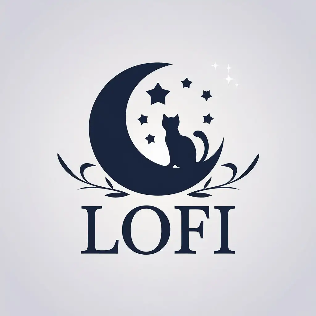 LOGO Design for Lofi Moon Cat and Stars in Navy Blue White Monochrome Theme