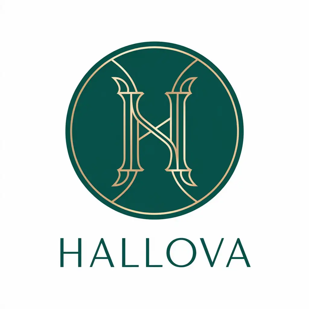 LOGO Design for HALLOVA Golden H with Emerald Green Circular Background Minimalistic and Sophisticated