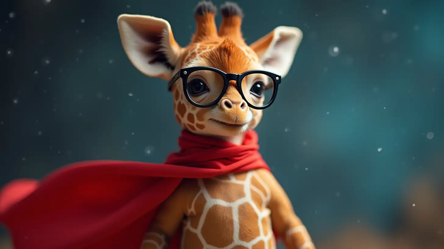 Adorable Baby Giraffe in Glasses Dressed as a Superhero in Outer Space