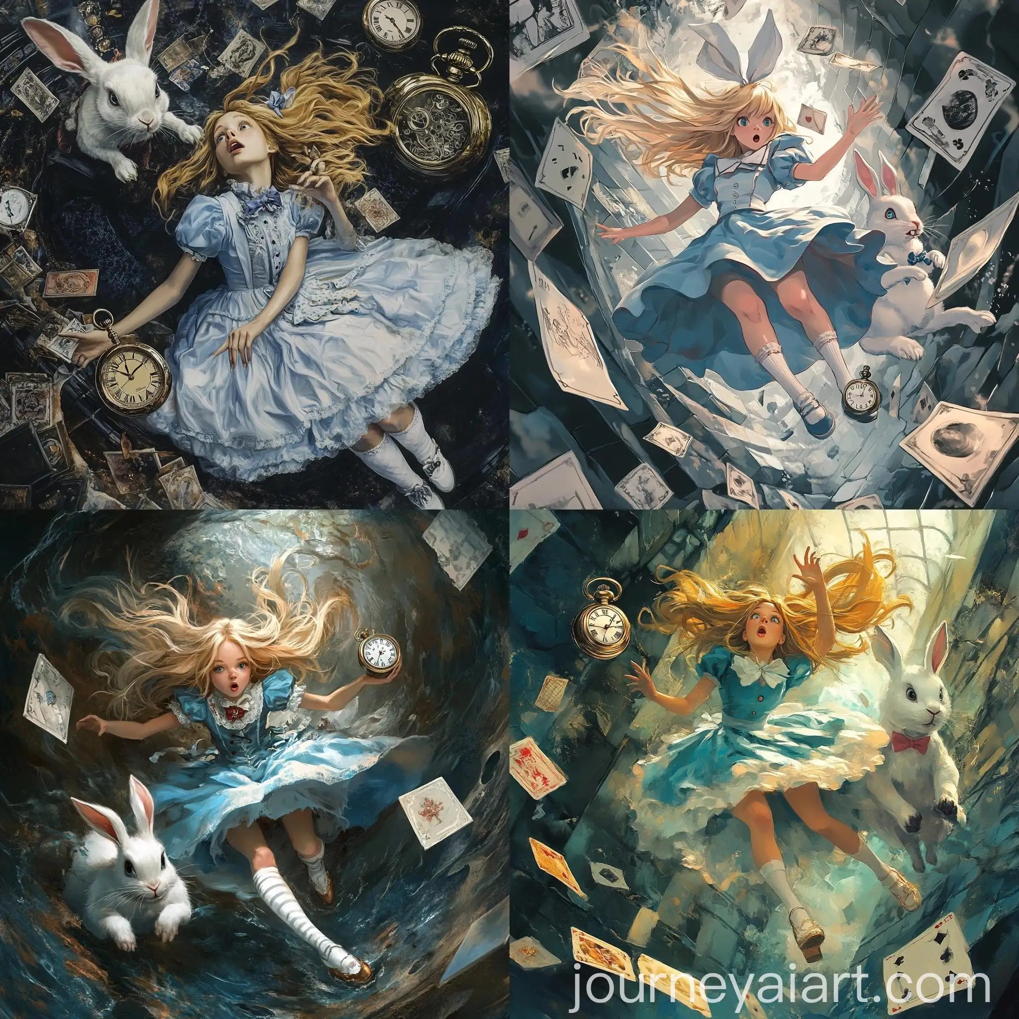 Teenage-Girl-in-Alice-in-Wonderland-Style-Sliding-into-Abyss-with-White-Rabbit-and-Falling-Cards