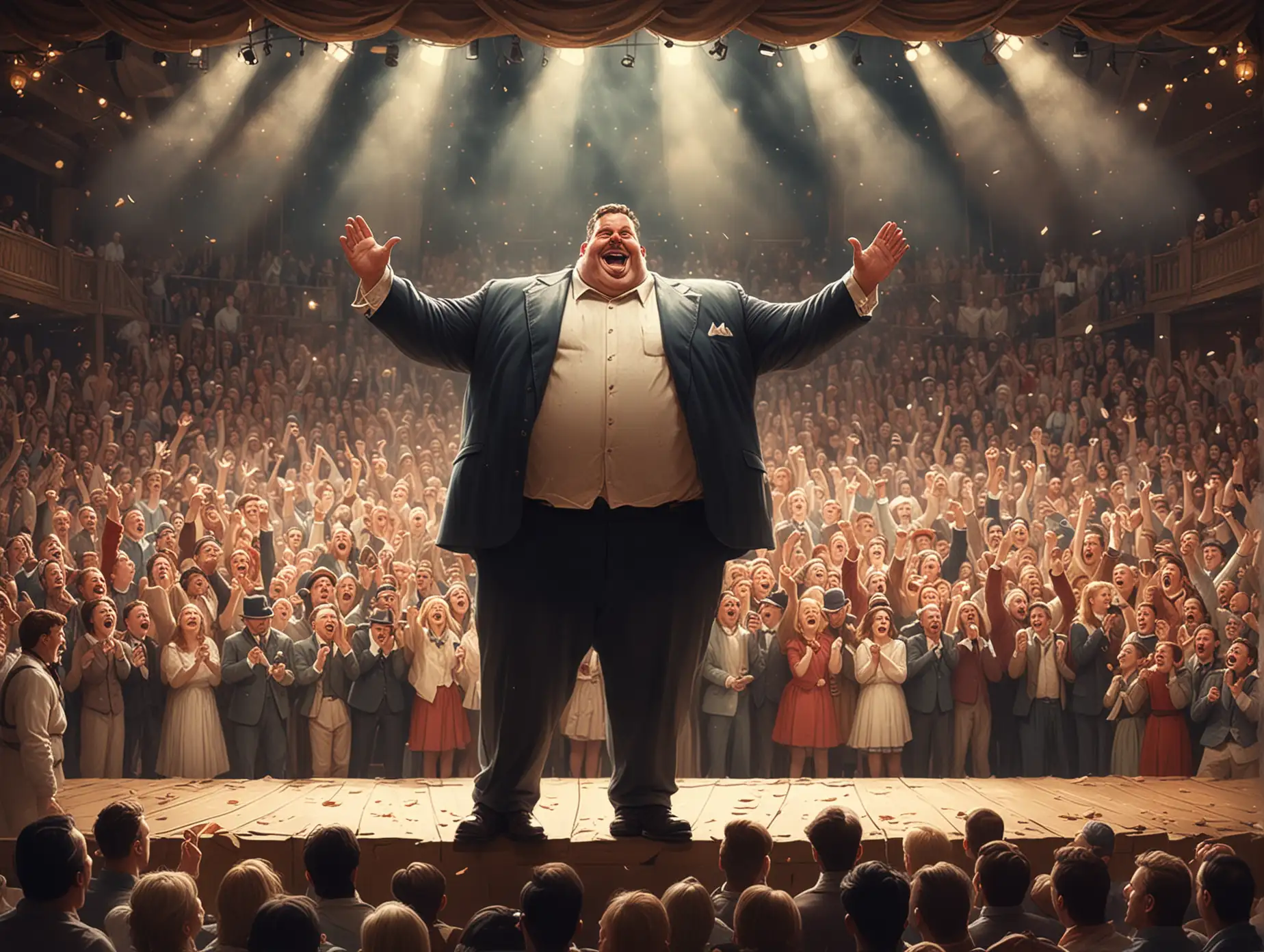 Whimsical-Storybook-Style-Heavyset-Man-on-Stage-Before-Cheering-Crowd