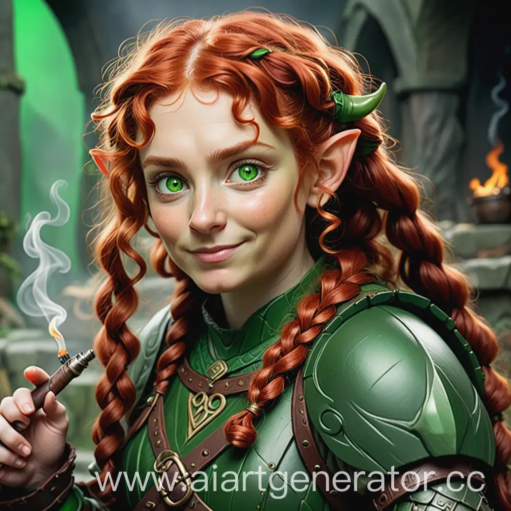 Hobbit-Woman-in-Green-Armor-Smoking-a-Pipe
