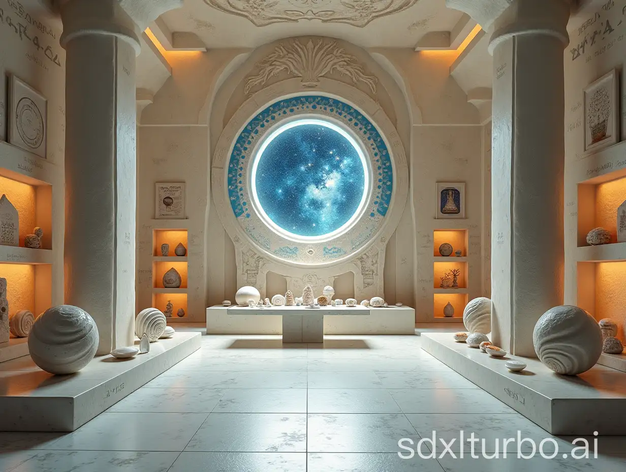 a carved white stone hall with  formulas on the walls, carved pillars altar with mandalas, many glassy polyhedra on shelves, spiraling seashells, papers and posters with mandalas et formulas, pictures of fractals, galaxie and starry sky in the background, off white, blueish and warm colors, high precision, low saturation