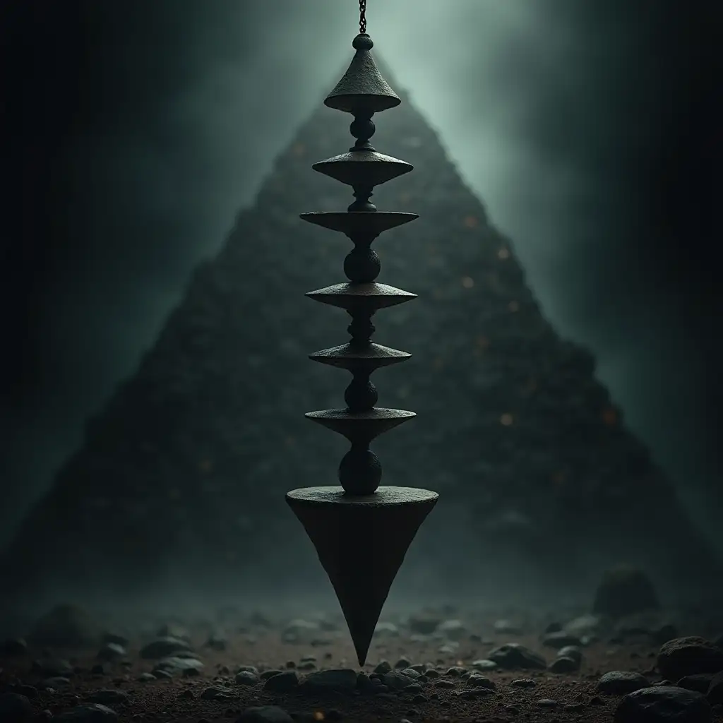 Create an image of an ancient looking pendulum made up of discs, and domes, and with a pointed tip, in front of a dark mysterious pyramid