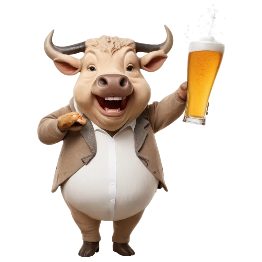 a happy bull drinking beer with glass