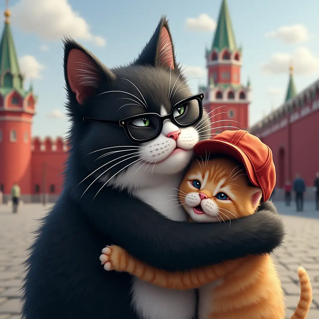 Brutal black and white cat with dark glasses on his eyes, hugging his kitten boy in cap, on the background of red kremlin, sunny day, beautiful weather, great mood.