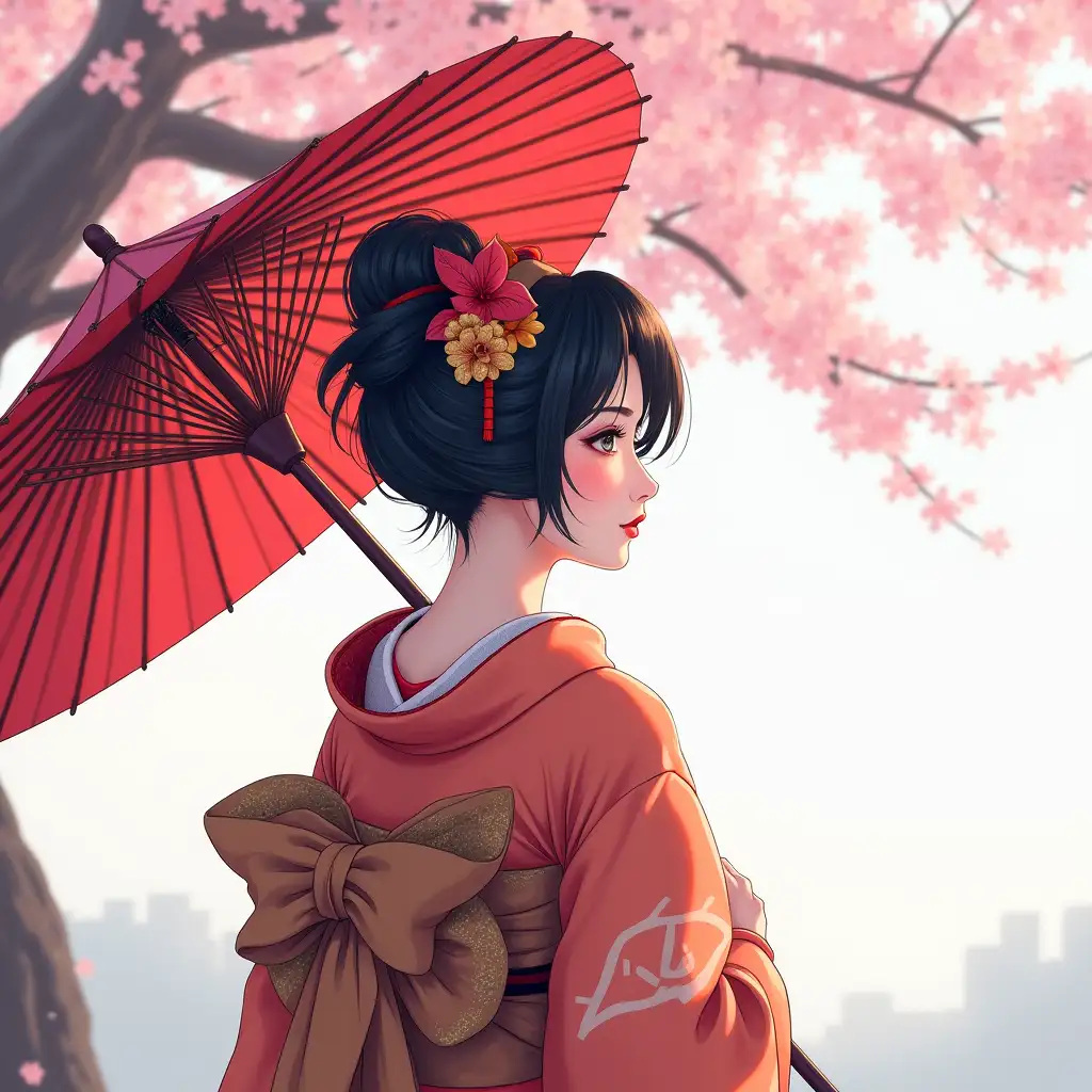 Beautiful geisha with jet black hair, wearing a kimono that is brightly colored, standing under a cherry blossom tree, she carries an umbrella, the sky is bright, Asian background