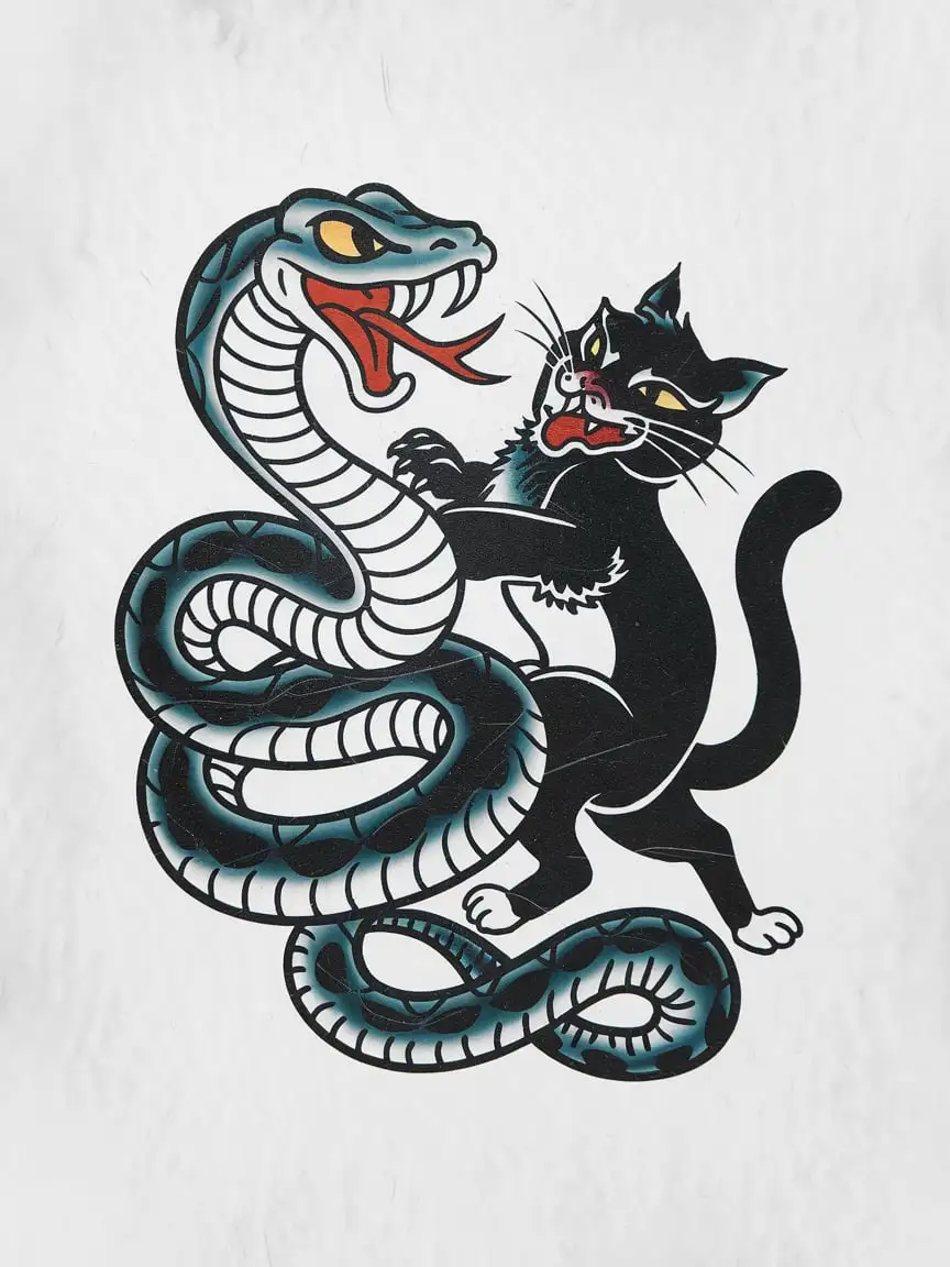 Aggressive Snake Fighting with Black Cat in Retro Tattoo Style