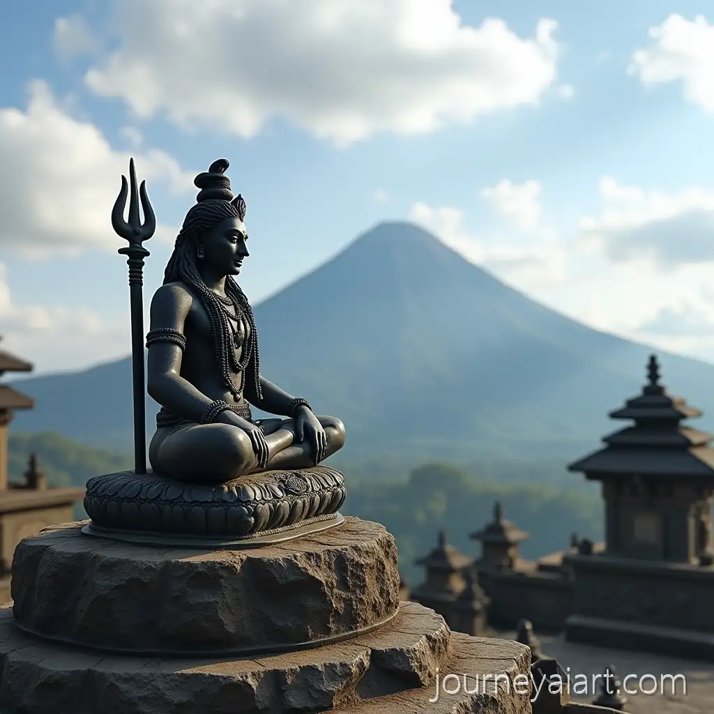 Sacred-Hindu-God-Shiva-Statue-in-Traditional-Setting-with-Volcanic-Mountain-Backdrop