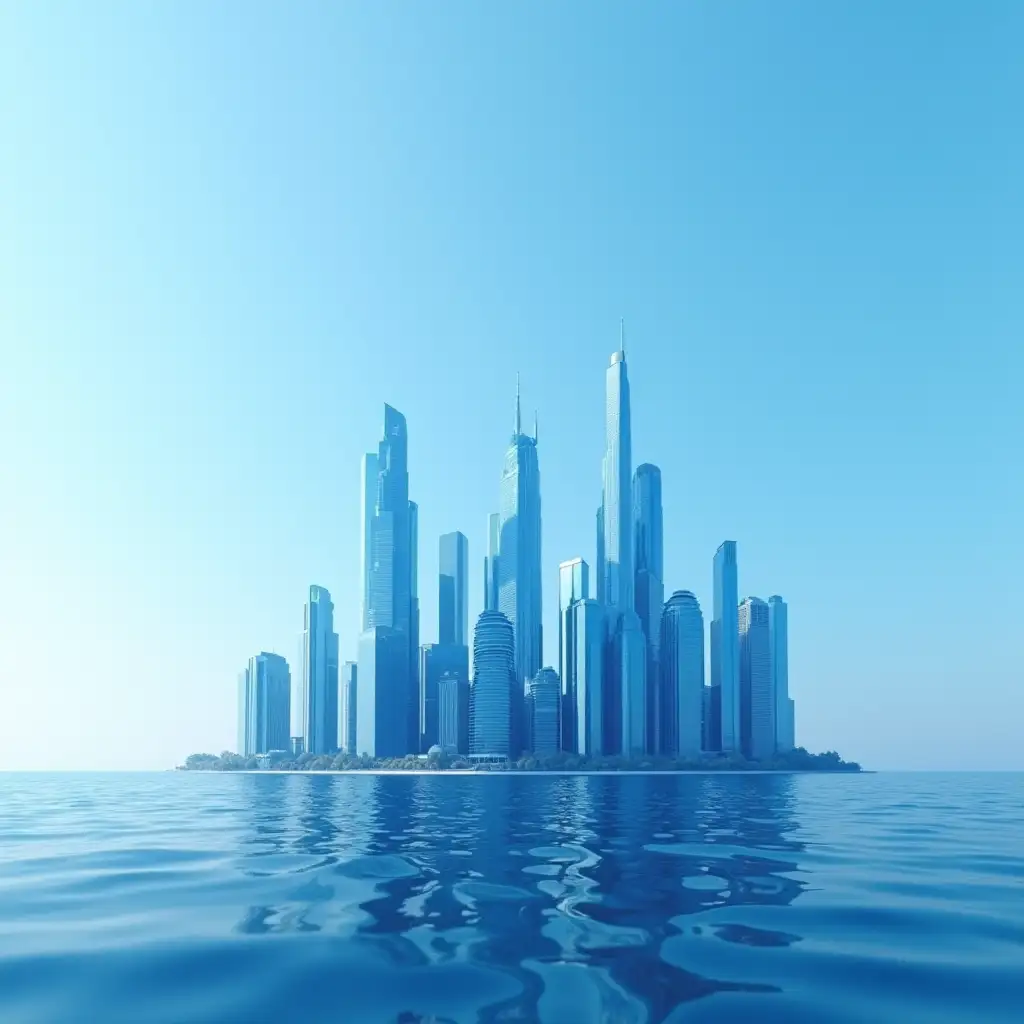 The blue skyscrapers of the future stand on the sea