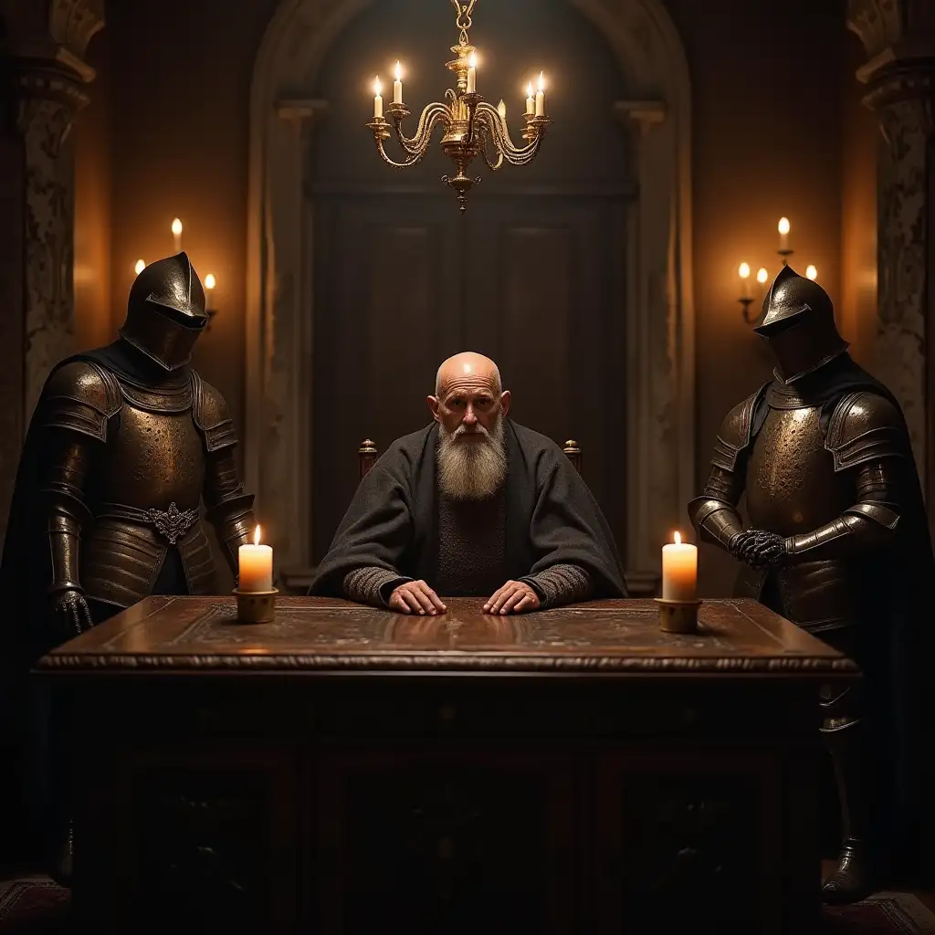 a creepy old slavic medieval man sitting in a candlelit room behind an ornate heavy desk, flanked by two medieval teuton armor sets