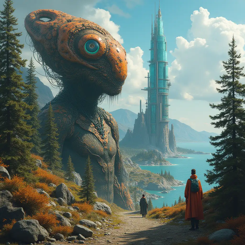 Ultradetailed hyperrealistic portrait  Multiverse time travelers with various strange beings with futuristic glass towers The elaborately detailed, colorful forested , mountains and sea in the background