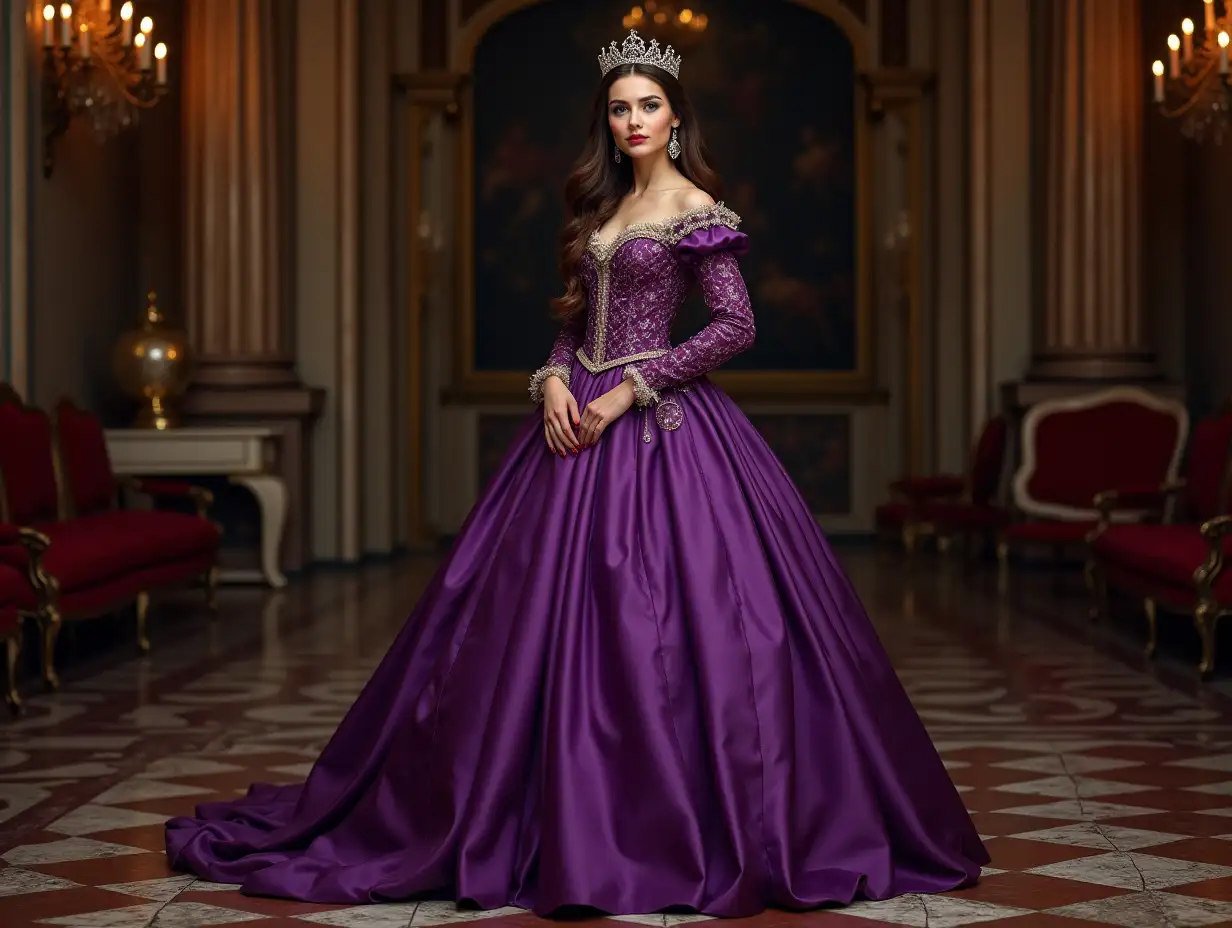 English Princess 17th century pretty in purple vibrant dress- Jeweled crown, paint nails, red shoes in a palace 4K resolution Vibrant