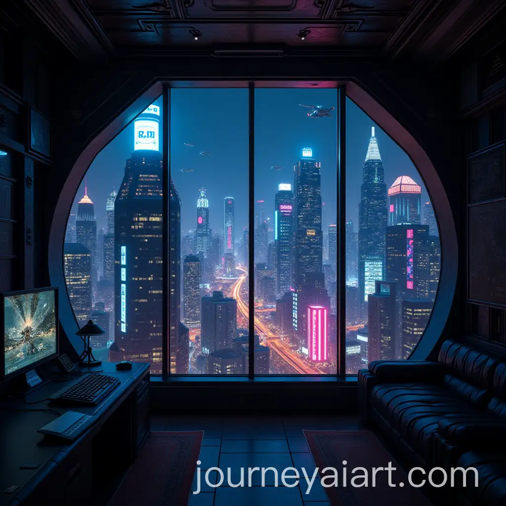 Futuristic-Cyberpunk-Room-Overlooking-Neon-Cityscape-at-Night