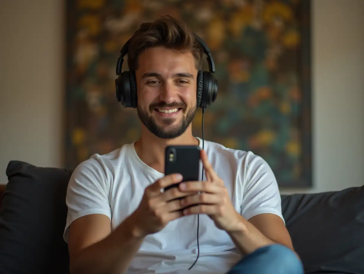 A handsome man holding a phone with headphone on, sitting on sofa, background is attractive