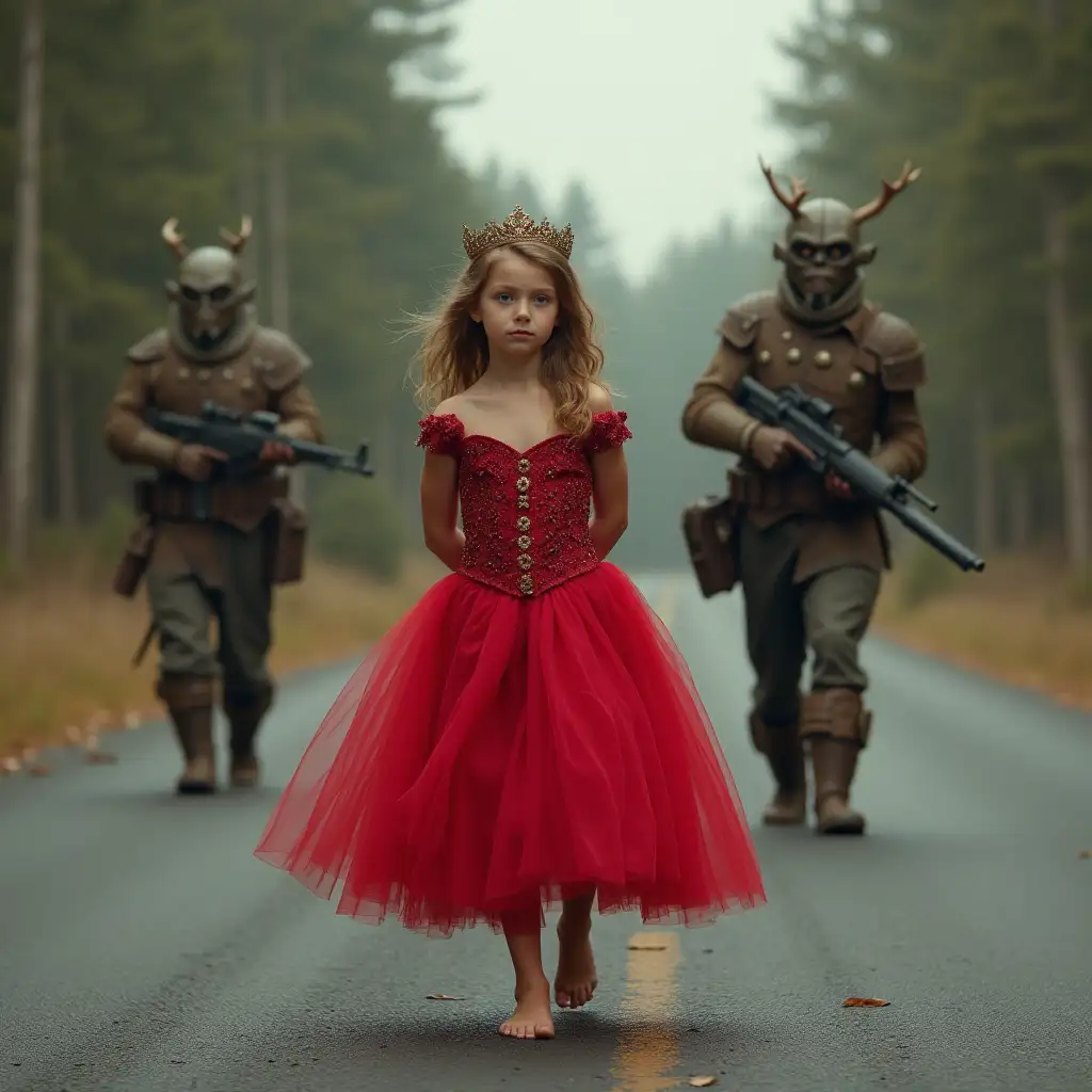 Princess-in-Red-Ball-Gown-Walking-Barefoot-with-Orcs-in-Pursuit