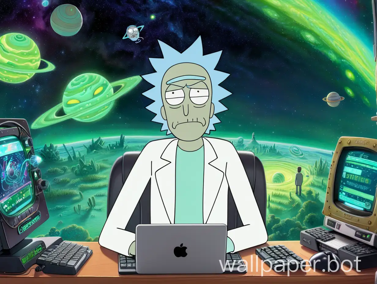 rick and morty dizisini kullanarak rick and morty evreninde geçen bir web programcı olsun. Bu programcı da rick olsun. Rİck çok cool gözüksün ve etrafında da uzay olsun.