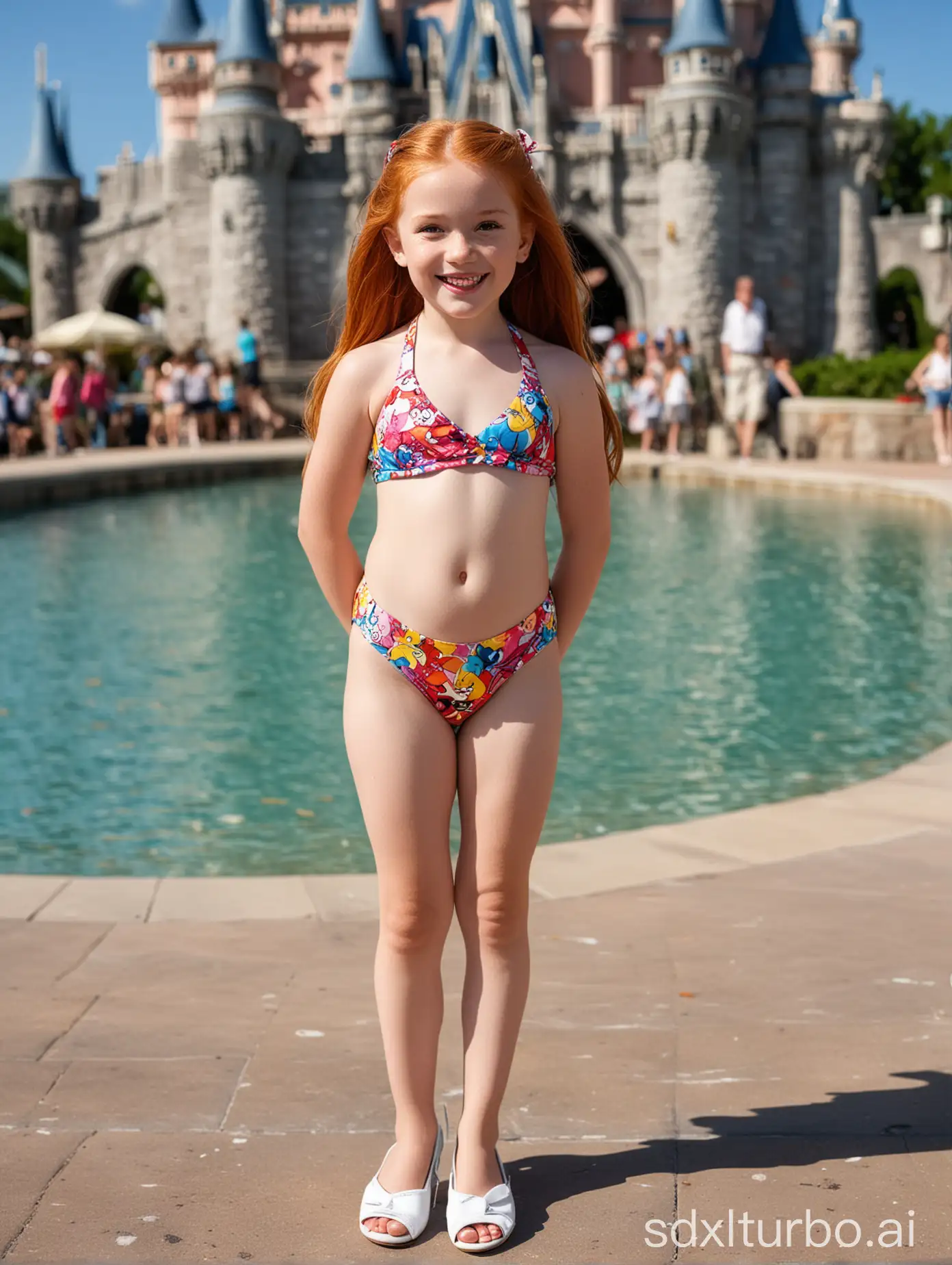 The main subject of the image is a 9-year-old ginger girl. The girl has long hair and wears a children's Disney bikini with white high heels. She has on makeup. Her smile and confidence could be highlighted in her facial expression and posture. The girl is smiling, indicating joy and contentment. She might be posing confidently to showcase her muscular abs, suggesting pride or confidence. The girl is wearing a tiny children's Disney bikini swimsuit, emphasizing her physique and white high heels. The background is Disney World