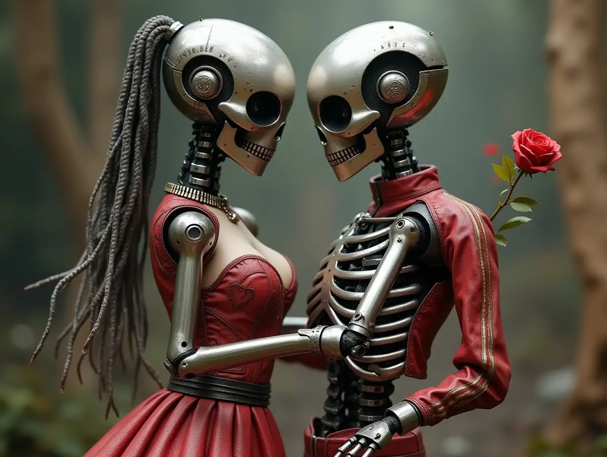 Create a high-resolution, realistic image of a robot that is dancing with a woman. It has a skeleton body, metal hands and the head of an alien, a fashionable tracksuit, steel hair and a rose in its hand. 4K resolution (Steampunk 8K quality)