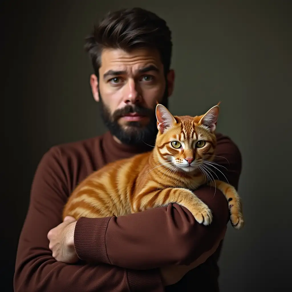 A man holds in his arms a red sad cat