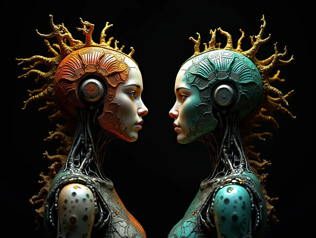 rotgoldenem Complex-Horizon-Fractals humanoid robots with Complex-Horizon-Fractals body and Fracta-Bald with Root on head, with colorful background black