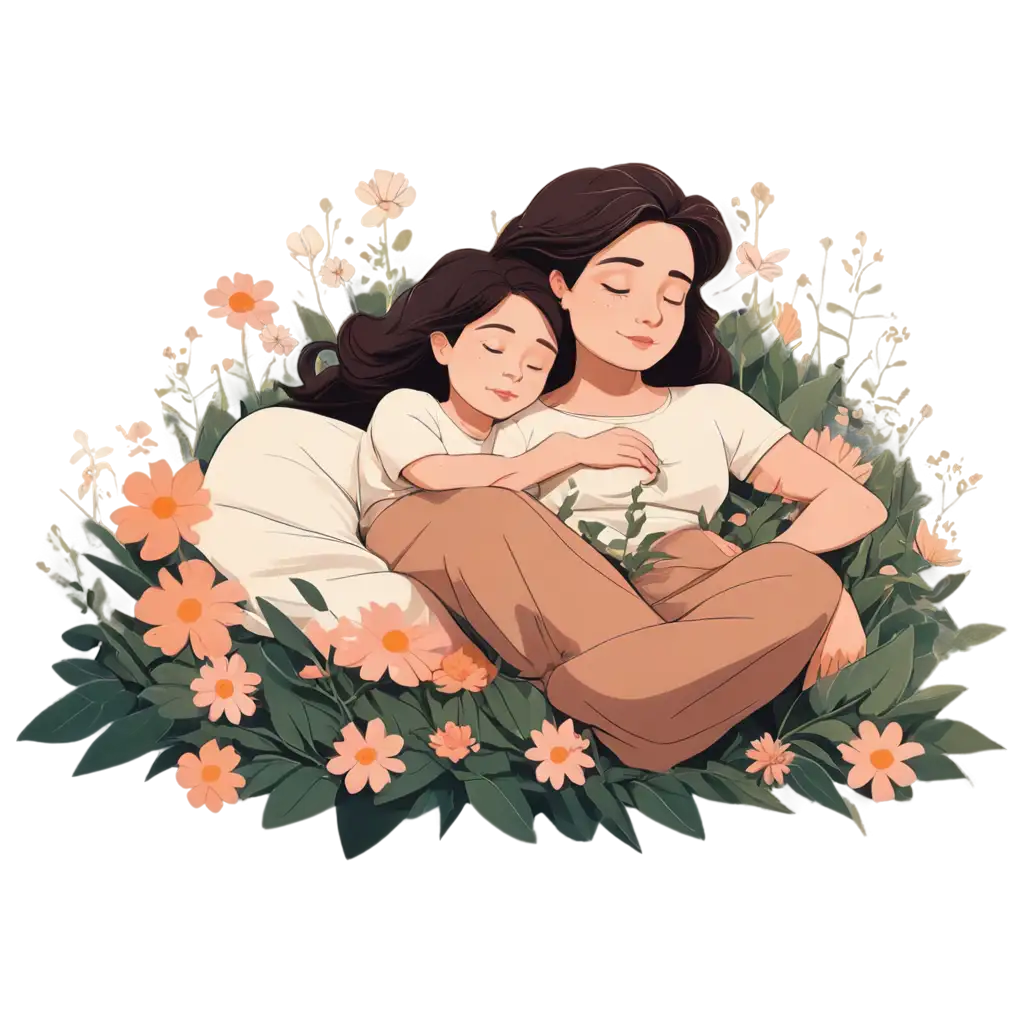 Cartoon-Style-PNG-10-Year-Old-Girl-and-27-Year-Old-Mother-Sleeping-on-a-Flower-in-the-Forest