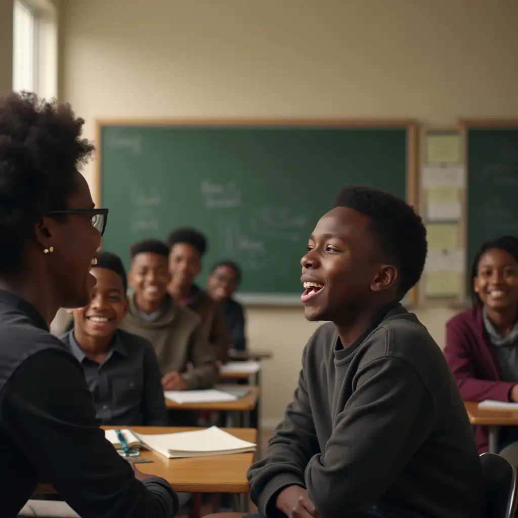 angry teen black boy talking to black woman teacher in front of classroom and a lot of black boys sitting in classroom laughingly