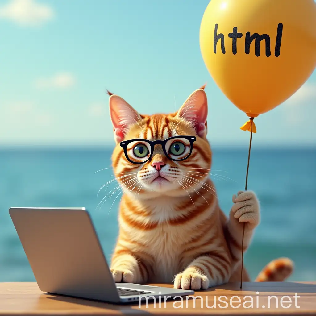 Cat with Computer Glasses Holding HTML Balloon at Table by the Sea