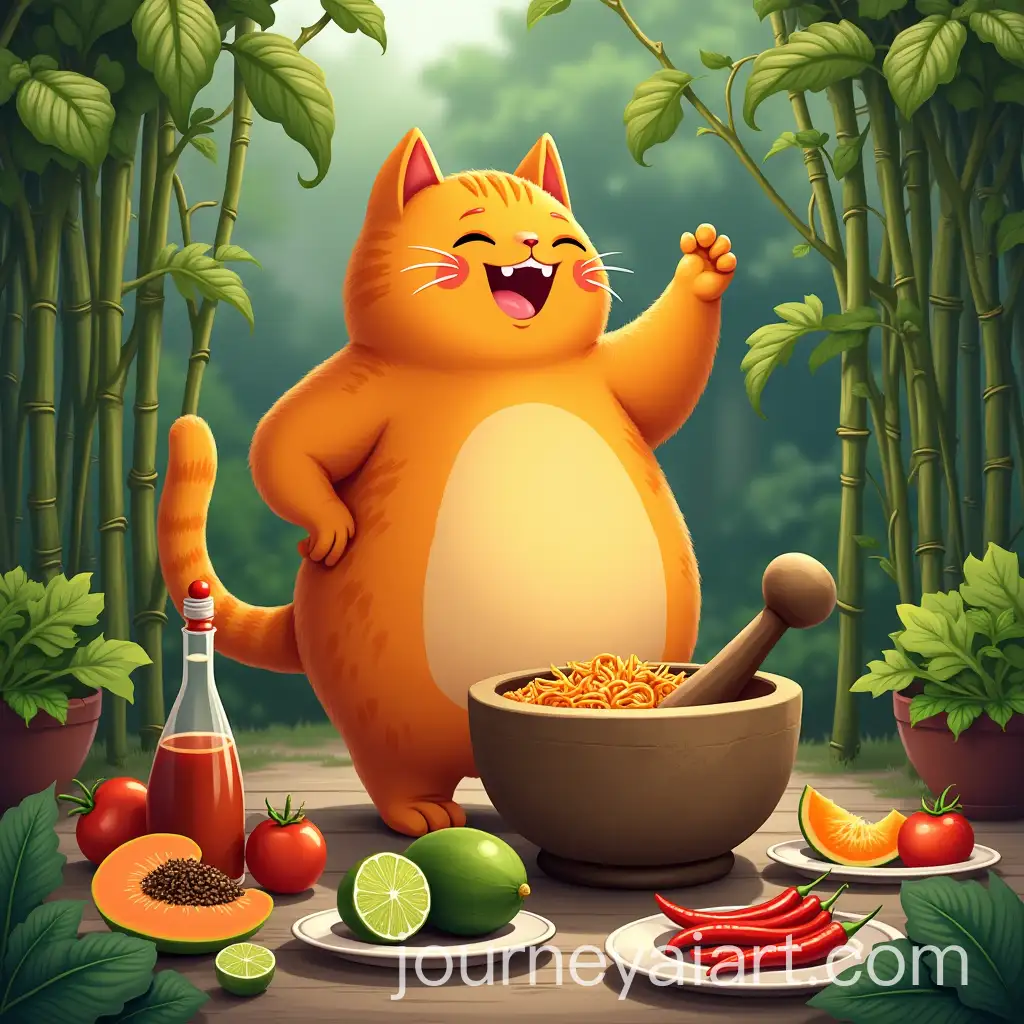 Orange-Cat-Making-Papaya-Salad-in-Backyard-with-Vegetables-and-Traditional-Ingredients