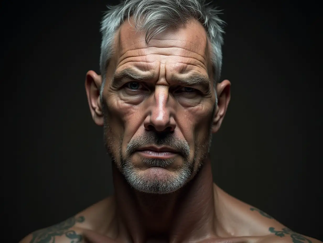 close-up of a man's face. massive bones, very developed facial muscles. short soldier's hairstyle. grey hair. flabby skin with fine wrinkles. no beard or moustache.