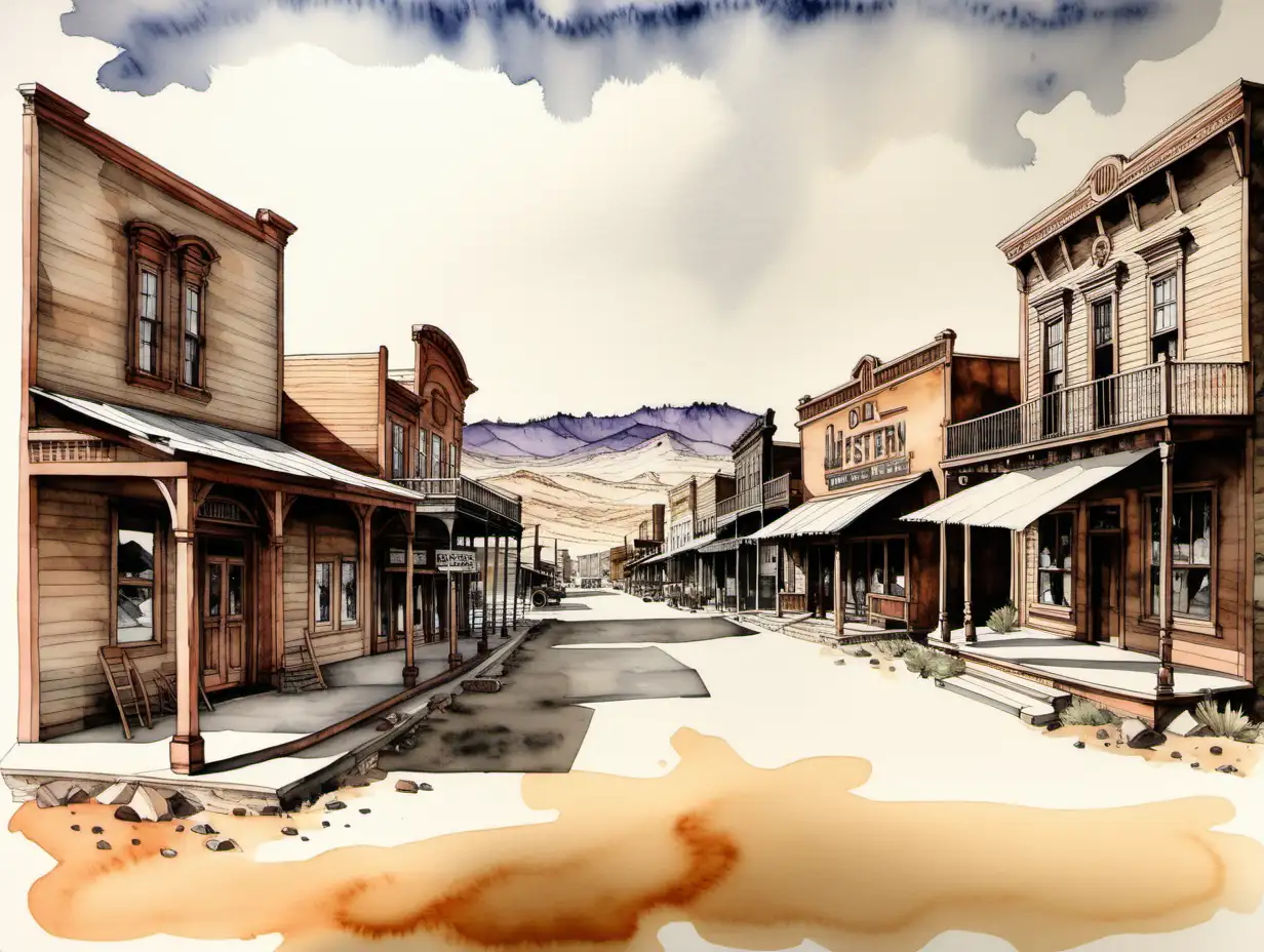 Pen-and-Ink-Watercolor-of-an-Old-Western-Town