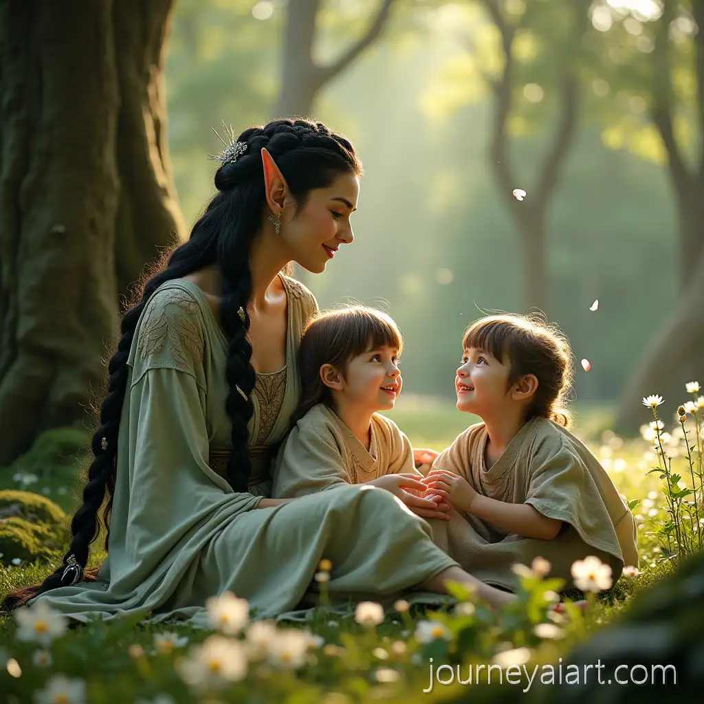 Serene-Elven-Mother-and-Twins-in-a-Sunlit-Forest-Clearing
