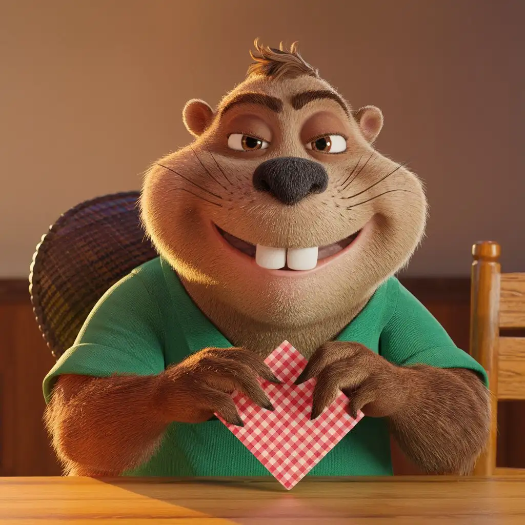 funny stupid horny beaver sits at a table facing away from the camera and looks directly into the camera 3d animation