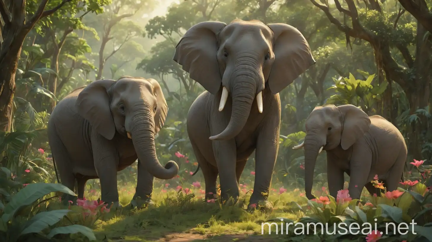 Joyful Elephants Singing in a Tranquil Jungle at Dawn