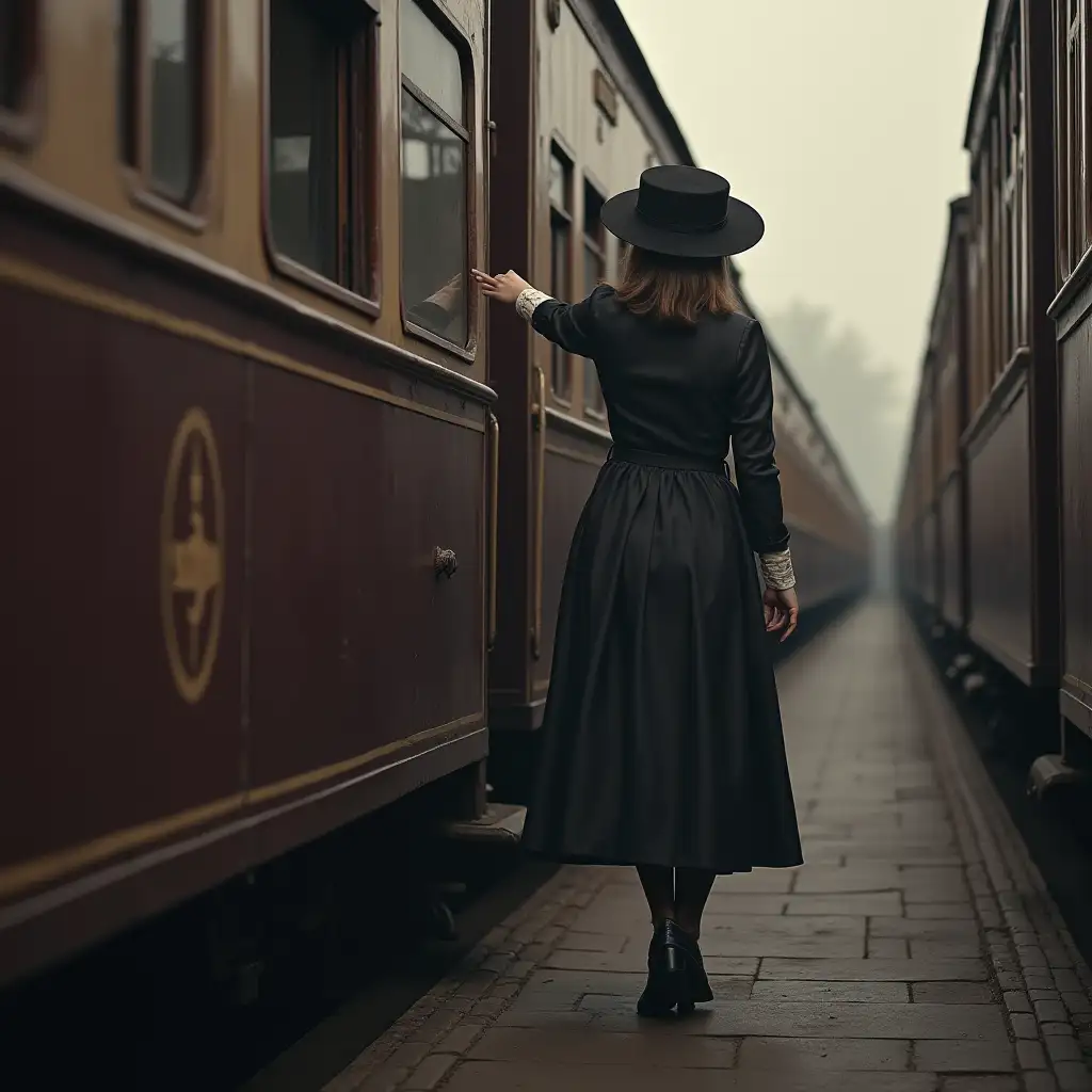 woman from the year 1900 climbs onto a train station platform getting into the train