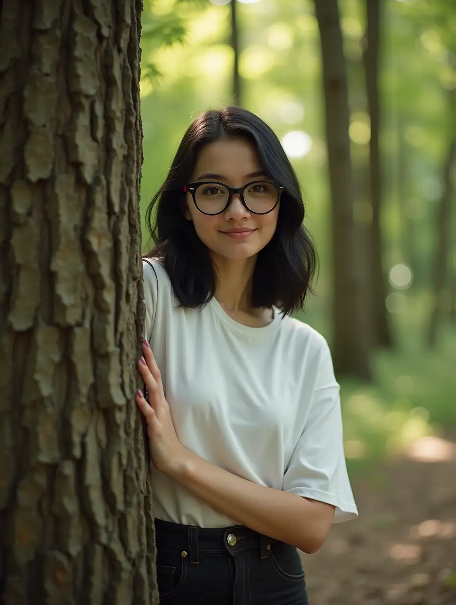 A young fair women with sharp beautiful face standing behind a tree in a peaceful forest. She has black hair and is wearing black-framed glasses, a white t-shirt, and dark pants. The forest background is filled with green leaves, trees, and scattered sunlight filtering through the branches, creating a calm, natural atmosphere, full body  