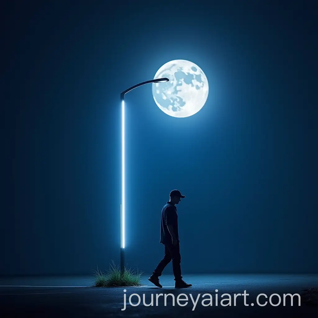 Man-Walking-on-Neon-Roadside-at-Full-Moon-Night