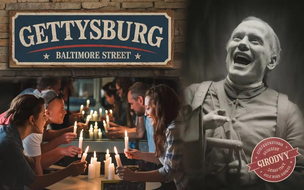 a marketing or advertisement  for a comedic ghost tour. With subtext based on the theme to "find the laughing union soldier." The image should show Gettysburg Baltimore street with people in a tour who are holding candles and who are looking at mirrors and perfuming a improv  skit to see if they can make the union ghost solider come out of hiding. I want the font for the signage to show a classic civil war text and or at least a font from the 1860's that is modernized to the theme of the project.  Show the laughing ghost in the background looking on at improv event.