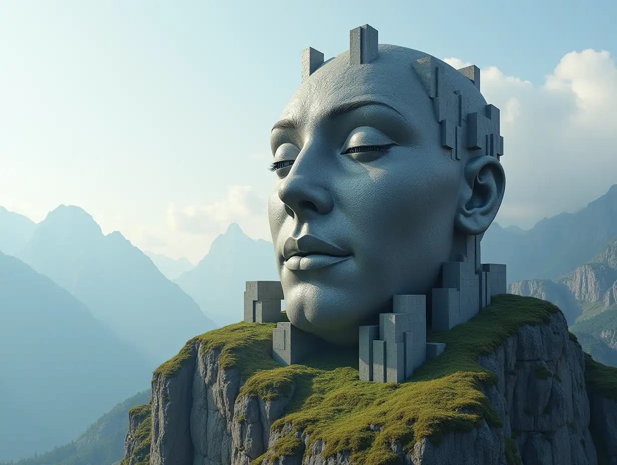 Face transformed into a building on a high mountain