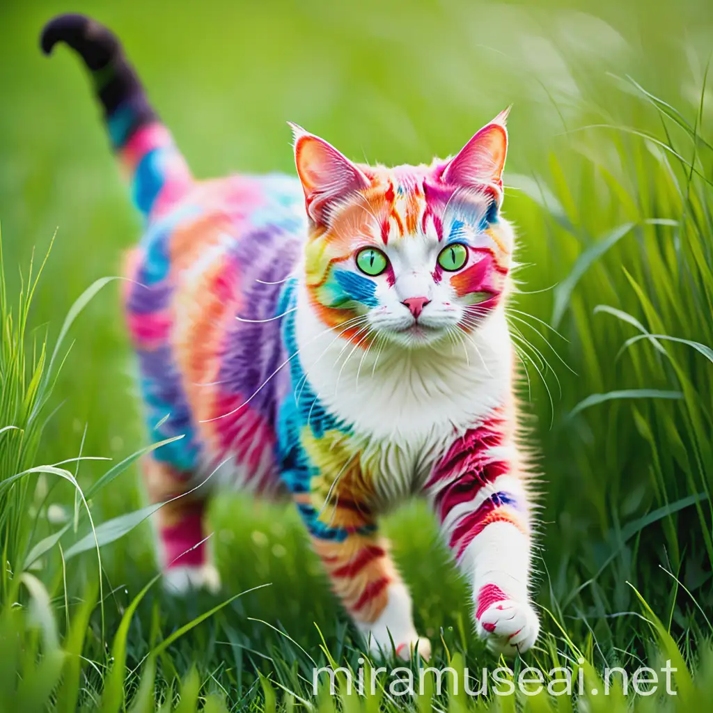 Colorful Cat Walking in Lush Green Grass