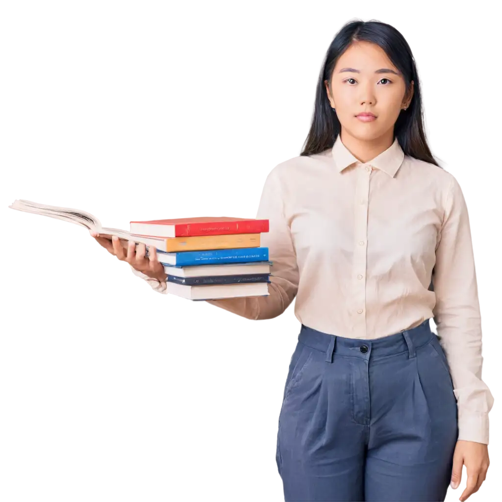 female char with korean books in his hand with clear face in half body