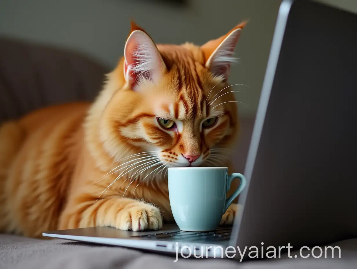 Tired-Red-Cat-Typing-on-Laptop-and-Drinking-Coffee
