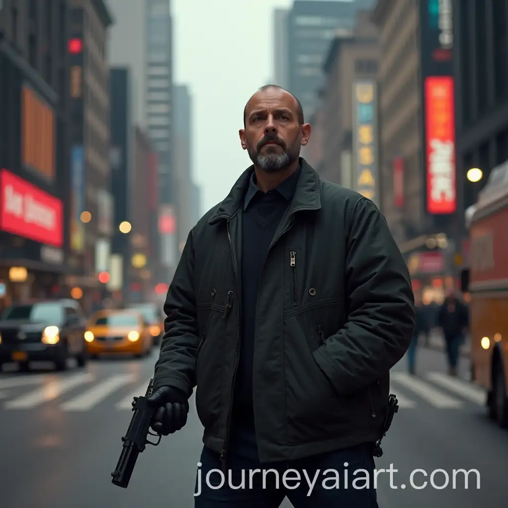 Man-with-a-Gun-Standing-in-a-City-Streets-at-Dusk