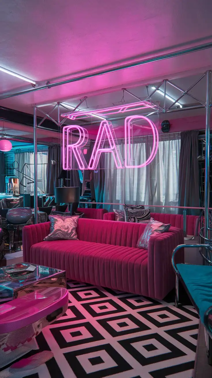 Vibrant-1980s-Living-Room-with-Neon-RAD-Sign-and-Plush-Velvet-Sofa