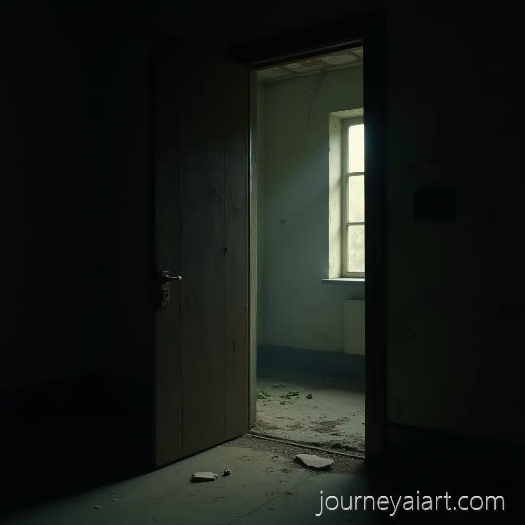 Abandoned-Room-with-VHS-Filter-and-Wooden-Door-in-Dark-Atmosphere