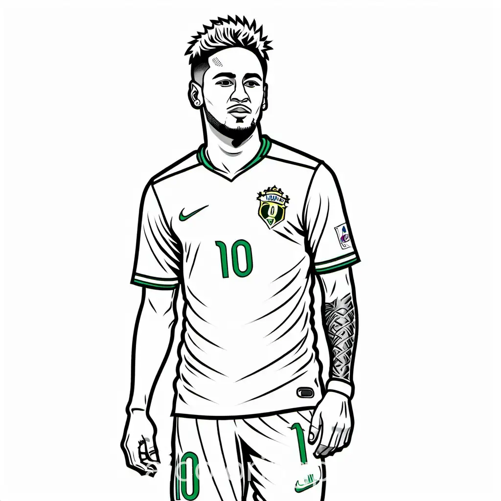 full body realistic Neymar with brasil jersey, Coloring Page, black and white, line art, white background, Simplicity, Ample White Space. The background of the coloring page is plain white to make it easy for young children to color within the lines. The outlines of all the subjects are easy to distinguish, making it simple for kids to color without too much difficulty