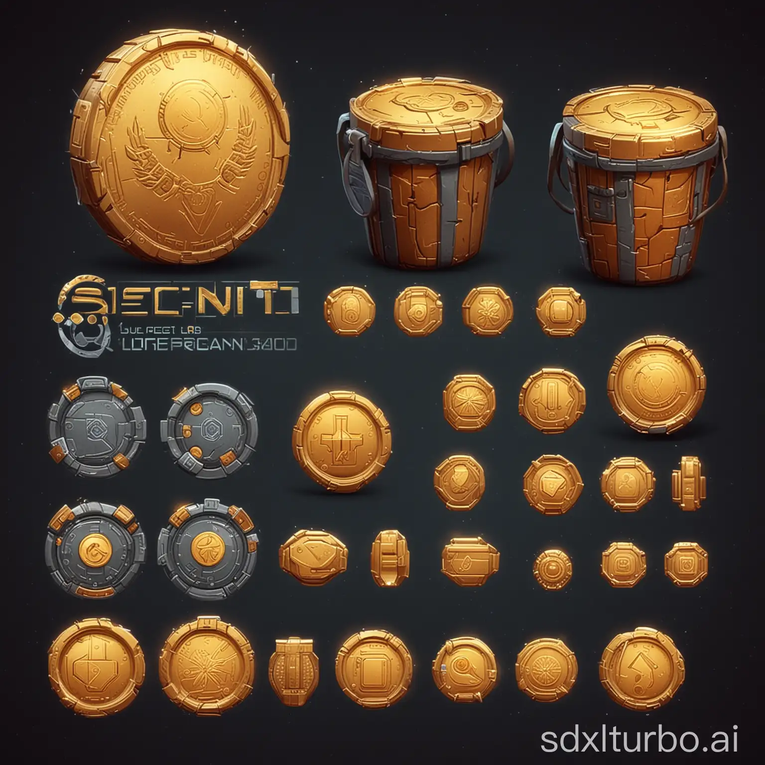 SciFi-Game-UI-Set-with-Sharp-Edges-Gold-Coin-Bag-of-Coin-Bucket-of-Coin-Chest-of-Coin