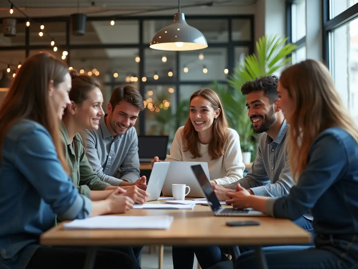 Laptop, group or creative business people in discussion, brainstorming or planning together in startup office. Computer, diverse team or collaboration for project strategy, meeting or editor training